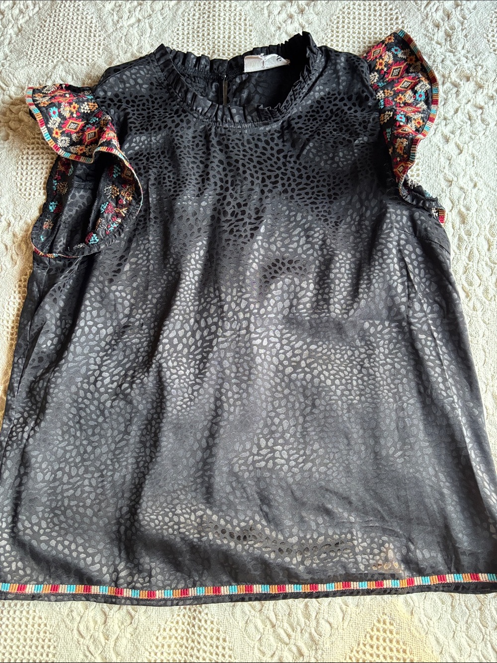 Savanna Jane Black Satin Jacquard Shell with Colorful Embroidered Trim